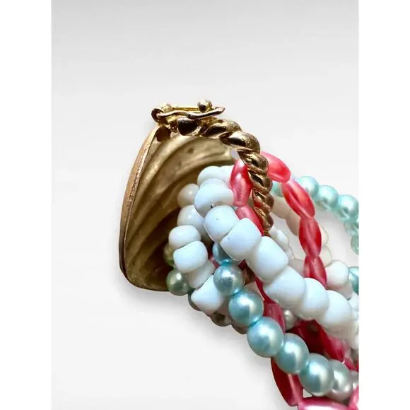 Vintage Multi Strand Seed Bead Torsade Necklace Gold Tone Scallop Clasp 15 Inch - Picture 7 of 8